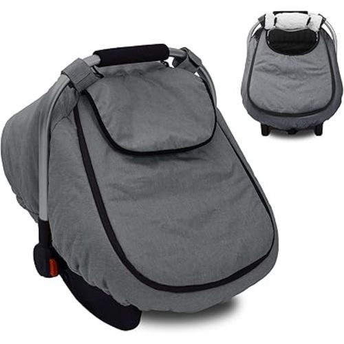 Winter Baby Car Seat Cover, Waterproof Carseat Cover with Zipper Peep Window, Warm Sherpa Fleece Lining, Universal Infant Car Seat Canopy Stroller Cover for Rain Snow Cold Weather (Grey)