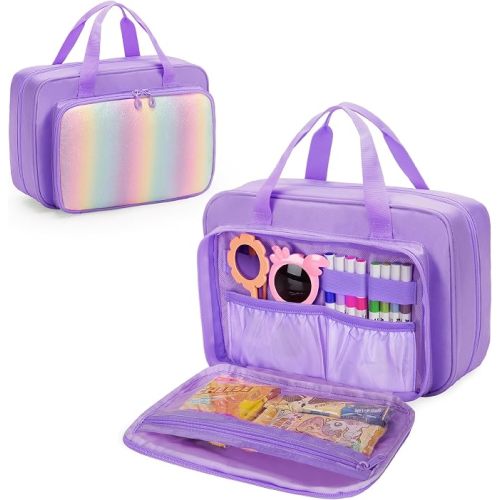 Kids Travel Toy Organizer with Hanging Hook, Storage Bags with Multi-compartments for Child’s Toys, Snack or Other Essentials, Water-resistant Toiletry Carrying Bag, Two Way Zipper, Pink (Bag Only)