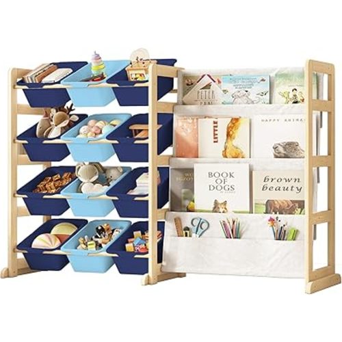 EXPERLAM Toy Storage Organizer with Bookshelf - 12 Storage Bins 4-Tier Multipurpose Shelf to Organize Toys and Books for Kids Room, Playroom, Nursery Room, Blue