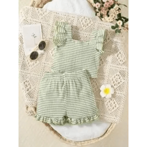 Baby Striped Print Ruffle Trim Wrinkled Top With Shorts