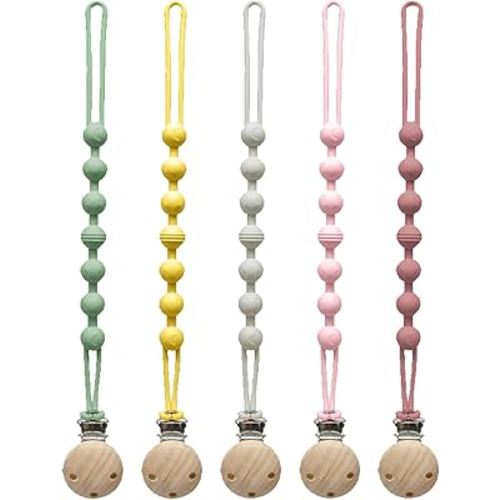 Pacifier Clip for Boys Girls - MORIBOX 5 Pack Paci Clip Soothie Baby Binky Holder for Shower Birthday Gift (Beige+Yellow+Green+Maroon+Pink)