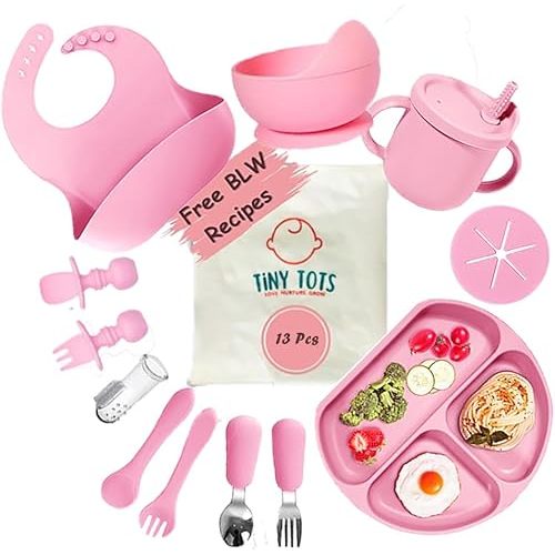 Silicone Baby Feeding Set 13 pcs with BLW Recipes. Baby Plates and Bowls Set, Baby & Toddler Spoons Set, Sippy Cup & Lid, Silicone Bib, Baby Toothbrush (6+ Months)