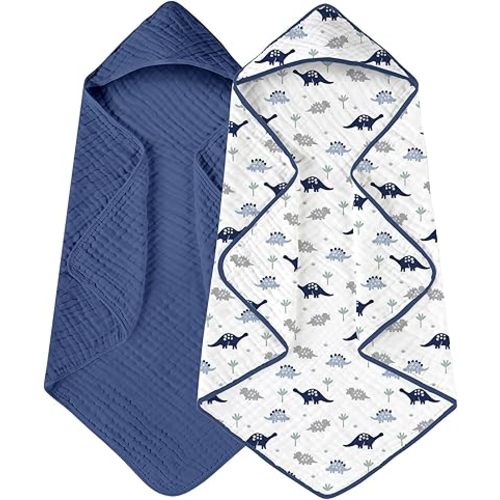 Yoofoss Hooded Baby Towels for Newborn 2 Pack 100% Muslin Organic Cotton Baby Bath Towel with Hood for Babies, Infant, Toddler and Kids, Large 32x32Inch, Soft and Absorbent Newborn Essential