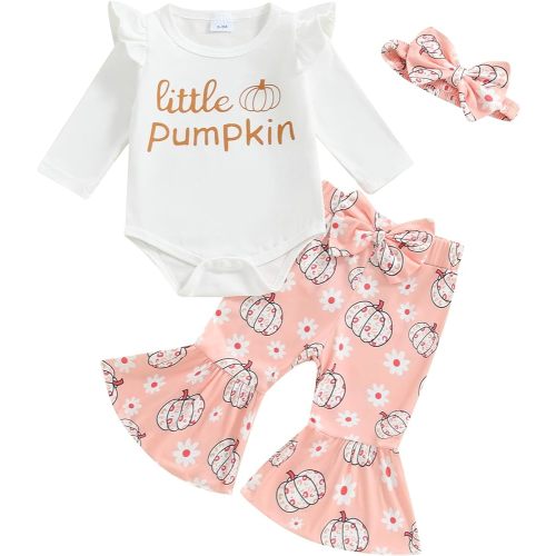 Newborn Baby Girl Halloween Clothes Letter Romper Pumpkin Bell Bottom Pants Headband Infant Fall Winter Outfit