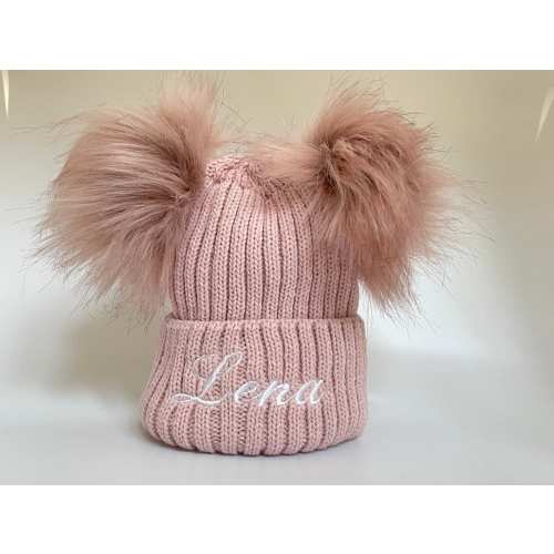 Rose Gold Double Pom Pom Knitted & Embroidered Baby Hat