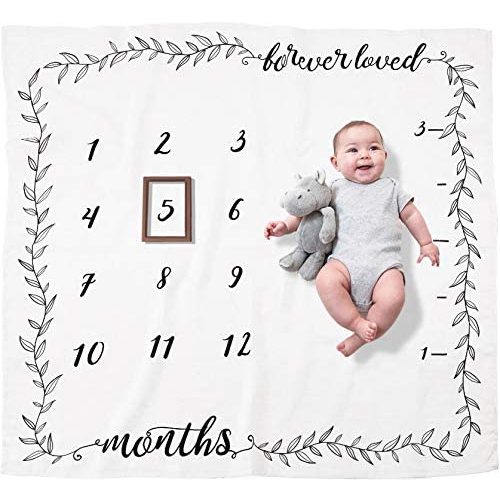 Organic Baby Monthly Milestone Blanket Boy or Girl - Forever Loved Baby Month Blanket with Growth Chart - Milestone Blanket Neutral with Wood Frame, 1-12 Months Milestones, 47”x47”