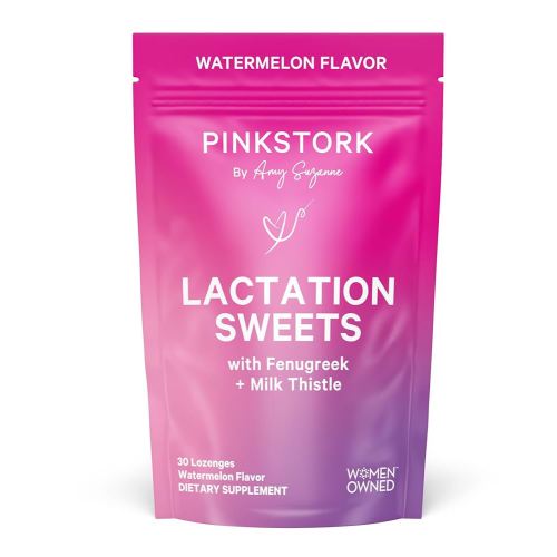 Pink Stork Lactation Sweets Supplement, Breastfeeding Snacks with Fenugreek and Milk Thistle to Support Breast Milk Supply - 30 Watermelon Candy Drops (Packaging May Vary)