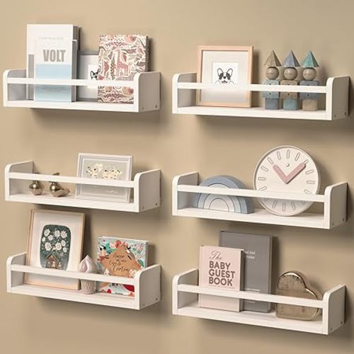Boswillon White Floating Shelves Set of 6, Wall Mounted Nursery Bookshelf for Kids Room Storage, Classic White Floating Shelves for Wall, Baby Book Shelves for Kids Bedroom Toddler Room Decor - White