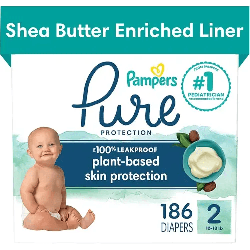 Pampers Pure Protection Diapers - Size 2, One Month Supply (186 Count), Hypoallergenic Premium Disposable Baby Diapers