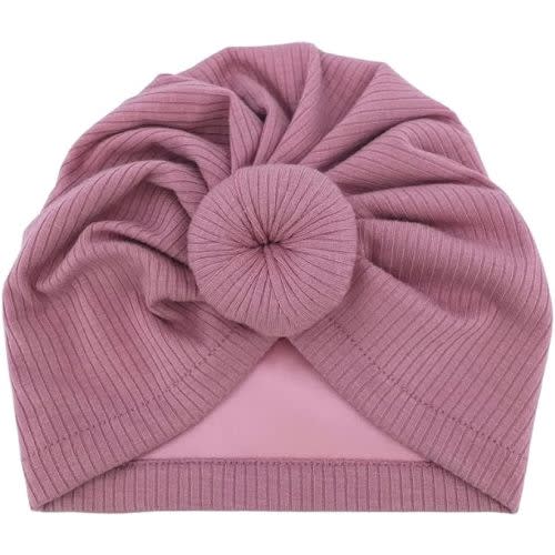 Silky Satin Lined Turban Hat for Babies Infant Toddler Girls Boys Bonnet Newborn Cotton Beanie Little Kids Shower Caps - 6 Months - 003 Rib Mauve