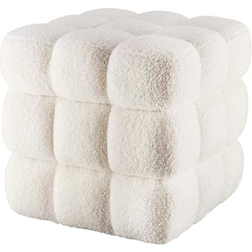 Teddy Fleece Square Ottoman Pouf Wooden Frame Construct Modern Sofa Stool Fuzzy Sherpa Footstool Foot Rest for Couch Cube Boucle Vanity Stool Makeup for Living Room