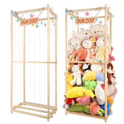 Extra Large Stuffed Animal Storage Wooden Stuff Animal Organizer 63" Stuffed Animal Zoo Holder Kids Plush Toys Cage Stuffed Animal Tower with Light Strips for Playroom Bedroom Nursery Room