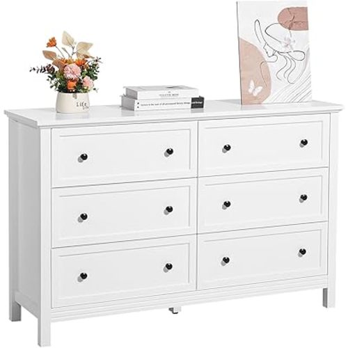 VEVOR 6 Drawer Dresser, Wooden Chest of Drawers with Sliding and Anti-tip Device, Retro Minimalist Dresser Chest, Closet Storage TV Stand Organizer for Living Room, Hallway, Bedroom, Entryway, White