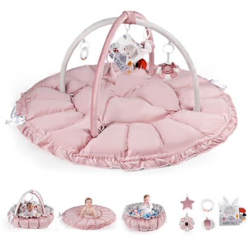 Rinnebbit Baby Play Gym Mat, 50" x 50" Large 6-in-1 Cozy Tummy-Time Playmat with 5 Toys, Sensory Motor Skill Development Gift, Machine Washable Activity Padded Floor Mat for Newborn (Pink)