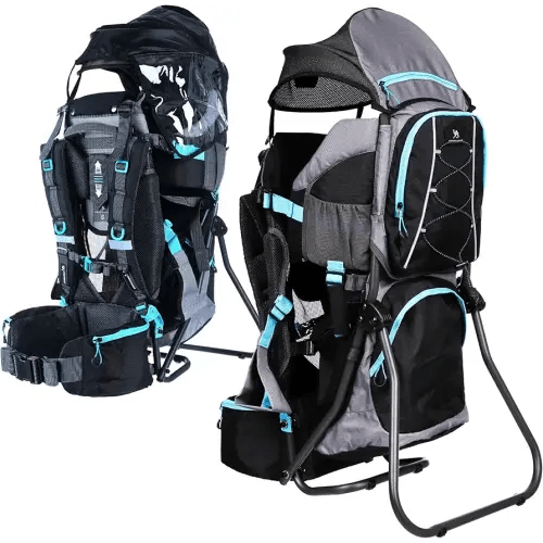 Hiking Baby Carrier – Lightweight Child Carrier Backpack with Sun Shade & Rain Cover – Insulated Storage – Padded Comfort – Adjustable Fit & Safety Harness - Black/Blue