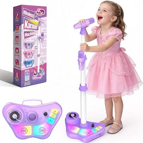 Stand Karaoke Machine for Kids, Singing Toys Gifts for 3 4 5 6 7 8 Year Old Girls Boys, Rechargeable Kid Microphone Bluetooth Speaker with 2 Wireless Mic for Girl Age 4-6 Toddler Birthday Party Toy