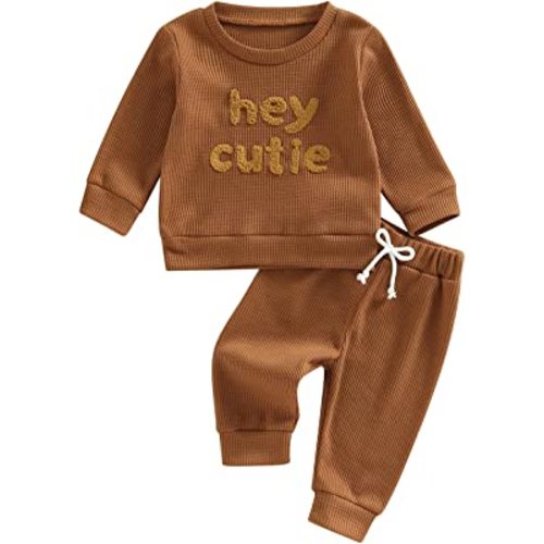 Newborn Girl Boy Gender Neutral Baby Clothes Fall Winter Waffle Outfit Set Letter Sweatshirt Tops + Pants