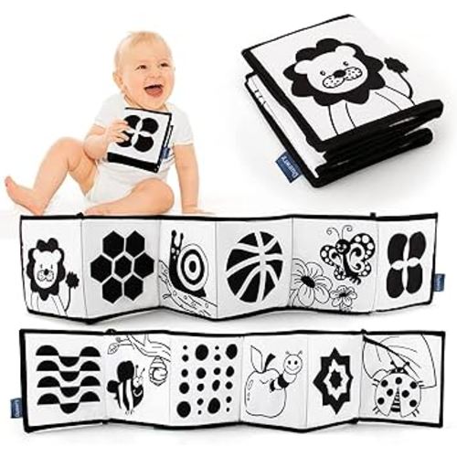 My First Black and White High Contrast Soft Book , Infant Tummy Time Toys, Black and White Baby Cards, Folding Educational Activity Cloth Book Suitable for Boys Girls Toddler