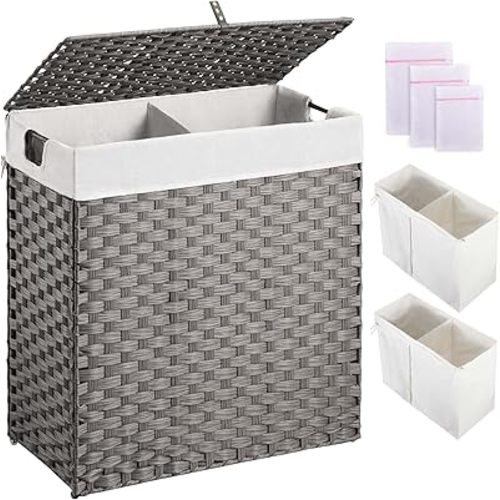 Greenstell Laundry Hamper with lid, No Install Needed, 110L Wicker Laundry Baskets Foldable 2 Removable Liner Bags, 2 Section Clothes Hamper Handwoven Rattan Laundry Basket with Handles, Gray