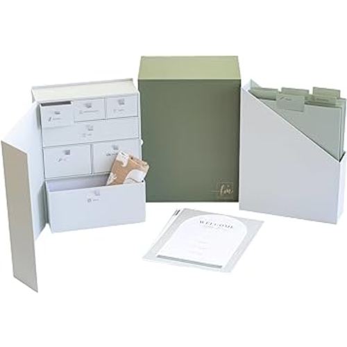 Foster Memories Baby Keepsake Box w/Baby Keepsake Book Pages - Gender Neutral Color Baby Memory Box for Keepsakes w/ 7 Individual Boxes & 6 Dividers - Easy to Fill Keepsake Baby Memory Book