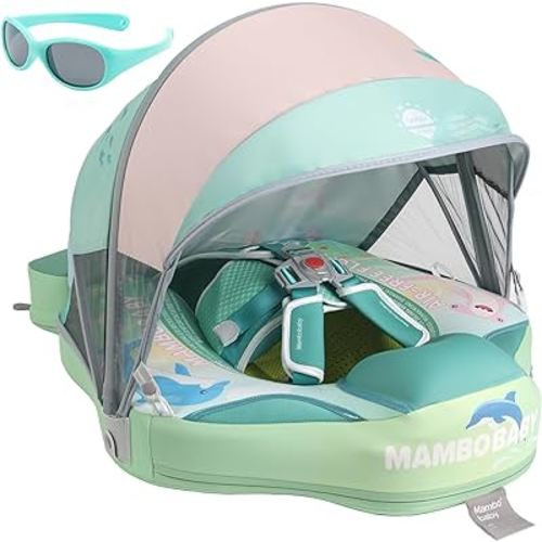 Mambobaby Newest Non Inflatable Baby Float Size Improved Add Tail Avoid Flip Over Swim Trainer Solid Infant Pool Float with Canopy UPF 50+ Swim Ring