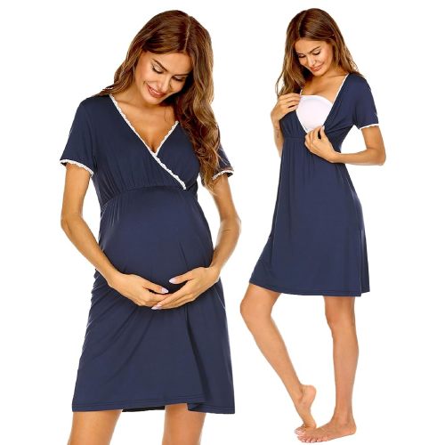Ekouaer - Camisón de dormir de manga corta 3 en 1 para mujer, plisado, para lactancia, parto y maternidad, tallas S-XXL