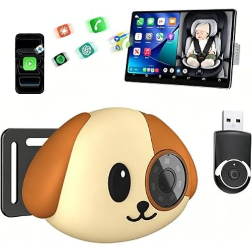 Cabin Care Wireless CarPlay Adapter with 1080P Baby Car Camera, Plug-and-Play Rear Seat Monitor, 150° Wide Angle No-Glow Night Vision, Split-Screen Navigation, for Parents & Pet Owners, for