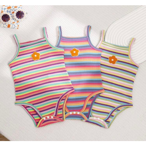 SHEIN Playful Pals 3pcs Baby Girls' Colorful Striped Bodysuit With Strawberry Embroidery, Perfect For Casual Wear Or Outdoor Activities In Spring And Summer | SHEIN USA