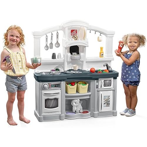 Step2 Fun with Friends Kids Kitchen Playset, Indoor/Outdoor Kitchenette, Interactive Play with Lights and Sounds, Durable Plastic, Includes 25 Piece Toy Accessories, Toddlers 2+ Years Old, Gray