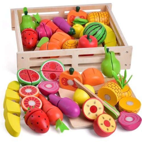 35 Pcs Wooden Play Food,Early Education Toys,Pretend Play Kitchen for Toddlers, Color Sorting Toys for Briyhday,Christmas Gifts for Boys,Girls 3-12