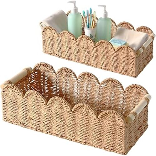 Scalloped Organizer Basket for Toilet Tank Top with Wooden Handle, Wicker Storage Over Above Behind Toilet, Hand Woven Paper Rope Back of Toilet Tray (2Pcs)