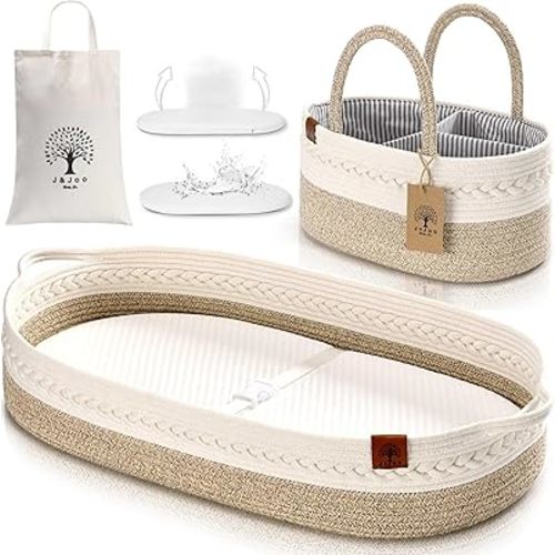 J&JOO Baby Changing Basket + Diaper Caddy - Breathable, Changing Table Topper, Cotton Rope Baby Basket, Baby Mat