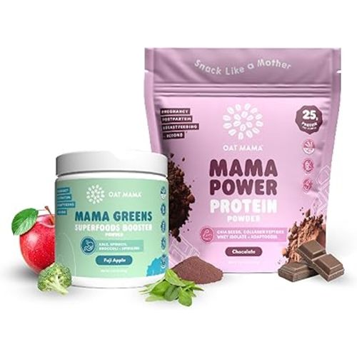 Oat Mama New Mom Postpartum Superfood Bundle – Chocolate Mama Power Protein Powder & Superfood Greens Powder - All-Natural Ingredients - Complete Nutrition for Postpartum, Lactation & Prenatal Moms