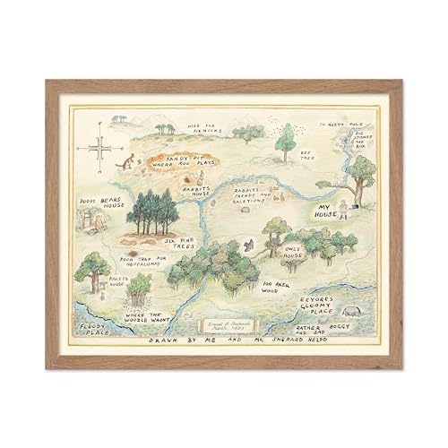 Monem Art Vintage Illustration Poster - Retro Landscape Print - Gift for Baby, Kid - 100 Acre Wood Map, Bear, Pig, Animal, Famous Cartoon - Wall Decor for Bedroom Nursery, 11x14 Beige Framed