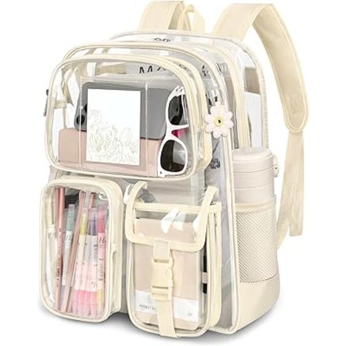 Attmu Clear Backpack for School, Heavy Duty PVC Transparent Bookbag with Reinforced Straps Stitches, Clear Bag for Stadium Events Girls Boys, Large Capacity Backpack for Security College Work - Beige