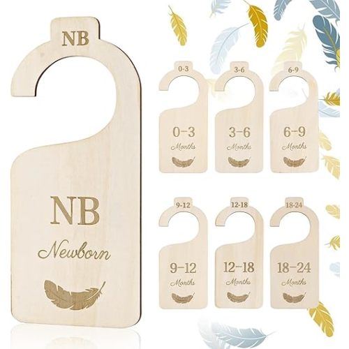 Baby Closet Dividers for Clothes Organizer, Set of 7 Wooden Hanger Organizer from Newborn to 24 Month, Double-Sided Baby Clothes Size Dividers for Nursery Decor and Organization