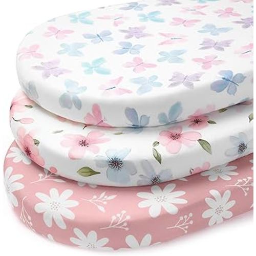 Baby Bassinet Sheets Girl, 3 Pack Fitted Bassinet Mattress Sheets, Compatible with Halo Bassinest Swivel Sleeper&Oval Hourglass Rectangle Mattress,Ultra Soft Butterfly Floral