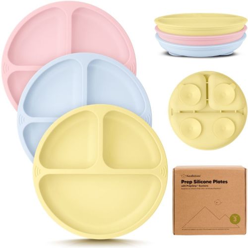 3-pack Prep Suction Plates For Baby, 100% Silicone Toddler Plates, Bpa-free Divided Baby Plates With Suction (pastel Sky)
