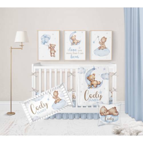 Teddy Bear Crib Bedding Set, Baby Crib Bedding, Blue Nursery Decor Boy, Teddy Bear Nursery Bedding, Moon Stars Baby Bedding Crib Sets Boy