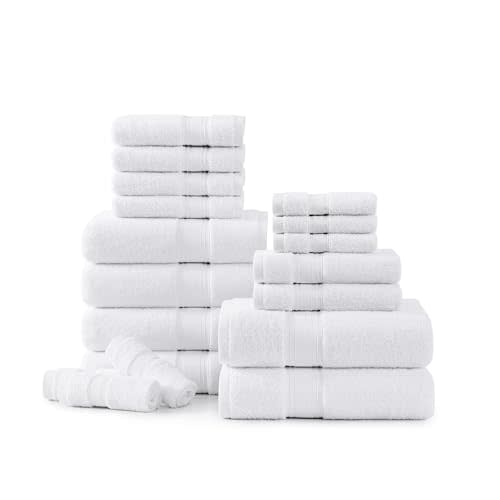 LANE LINEN 100% Mercerized Cotton Luxury Bathroom Towel Set - 18 Pcs - Super Soft, Fluffy & Highly Absorbent - 6 Bath Towels, 6 Washcloths, 6 Hand Towels - Complete Family Pack - White Bath Towel Set