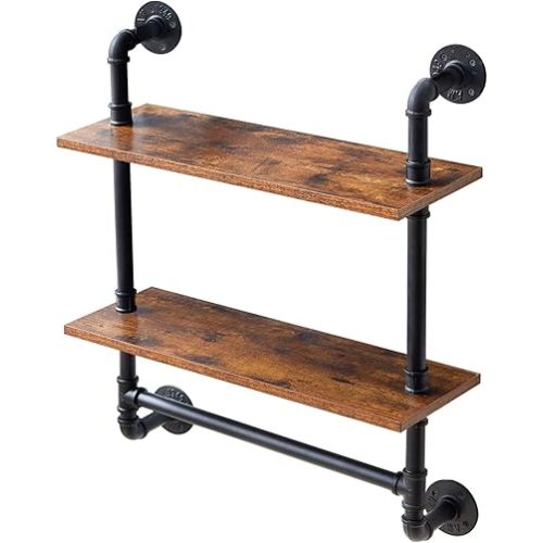IBUYKE Pipe Floating Shelves,Rustic Iron 28.5 inches Industrial Pipe Shelf,2-Tier Wall Shelf with Towel Bar,Wall Mount Bookshelf for Bedroom,Kitchen,Living Room,Bathroom URF-TM014