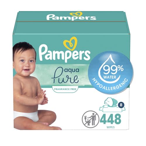 Pampers Baby Wipes Aqua Pure, 99% water-based wipes, Hypoallergenic and Unscented Baby Wipes, 448 Wipes Total (8 Flip-Top Packs)