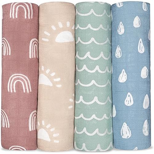 Comfy Cubs Muslin Swaddle Blankets Pack of 4, 47 x 47 Inches, Soft Cotton Baby Blanket Set, Large Multipurpose Swaddling Wraps for Newborns - Self-Soothing Swaddle - Sun, Rainbow, Rain, Doodle