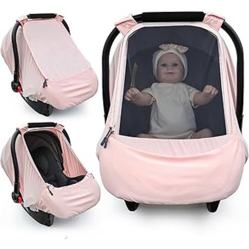 Baby Car Seat Cover,Sunproof Car Seat Canopy for Babies, Extra Large Mesh Window Baby Car Seat Sun Shade Cover, Infant Carseat Covers for Summer/Autumn Use(Pink)
