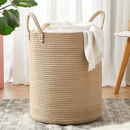 Jute Woven Hamper Laundry Basket Wicker Rope Clothes Hamper for Baby Nursery Kids Rattan Blanket Basket in Living Room Bedroom