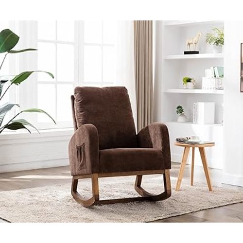 Antetek Modern Accent Rocking Chair, Upholstered Nursery Glider Rocker for Baby and Kids, Comfy Armchair with Side Pocket, Living Room Lounge Arm Chair with High Backrest (Coffee)
