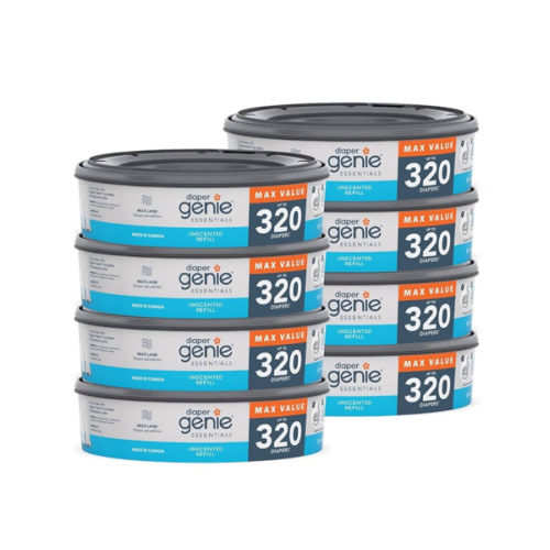 Diaper Genie Essentials Round Refill 8-Pack | Holds Up to 2560 Newborn Diapers | Features Unscented Continuous Film | Compatible with Diaper Genie Complete and Expressions Pails,8 Count (Pack of 1)