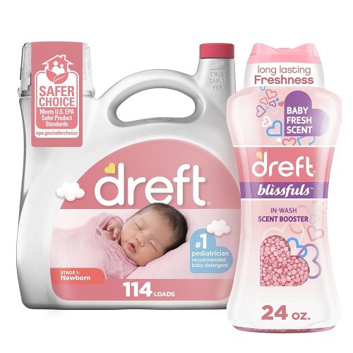 Bundle of Dreft Stage 1: Newborn Baby Liquid Laundry Detergent 114 loads 165 fl oz + Blissfuls In-Wash Scent Booster Beads, Baby Fresh Scent, 24 oz