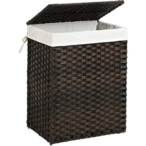 SONGMICS Handwoven Laundry Hamper, 23.8 Gal (90L) Synthetic Rattan Clothes Laundry Basket with Lid and Handles, Foldable, Removable Liner Bag, Brown ULCB051K02