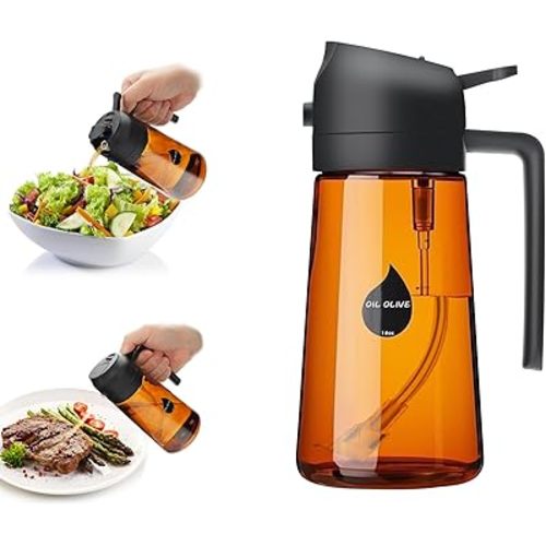 2 in 1 Oil Sprayer for Cooking, Olive Oil Dispenser Bottle for Kitchen Spray and Pour, 16oz/470ml Light-Blocking Dark Amber Glass Brown Bottle, Food-Grade Oil Mister for Air Fryer Black Cap